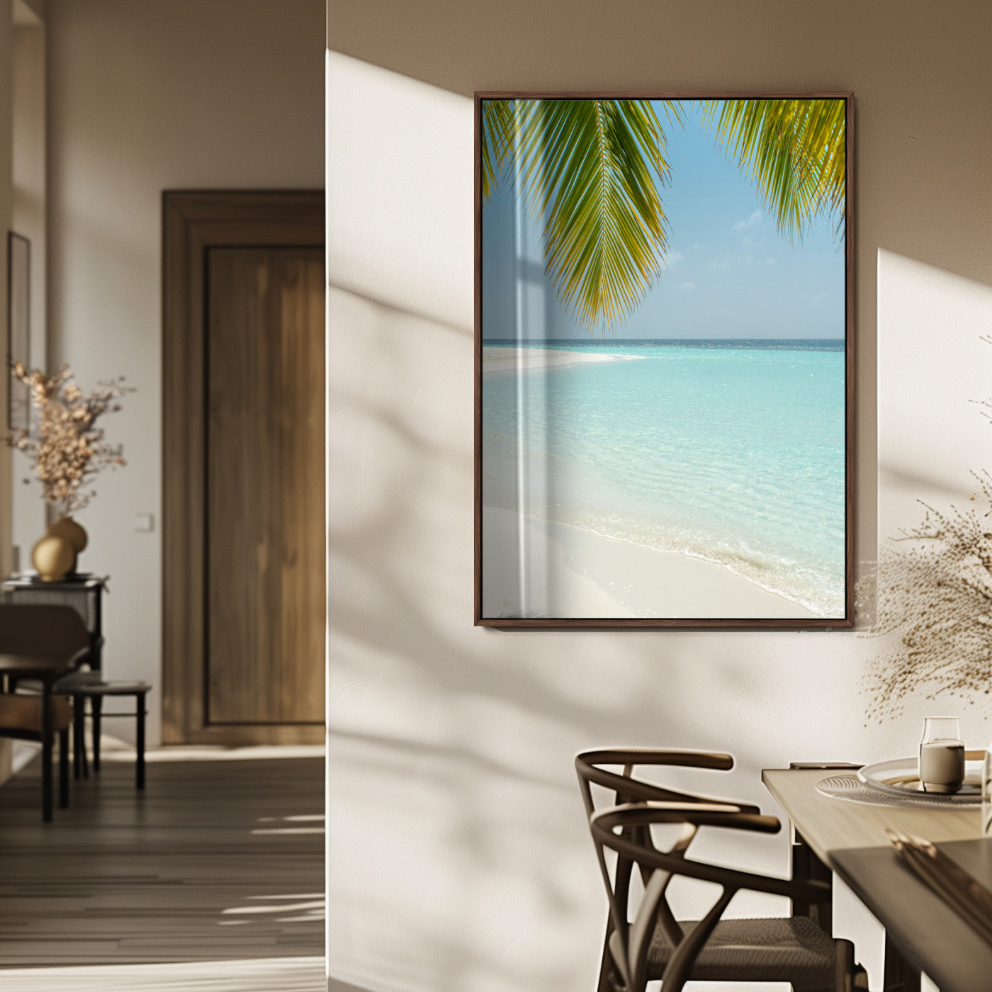 90359351-MGV-FP-48X32-3P_Walnut-Azure Water Wall Art Canvas Print, Framed Tranquil Island Escape Art Picture Print, Clear Blue Ocean Perfect Coastal Minimalist