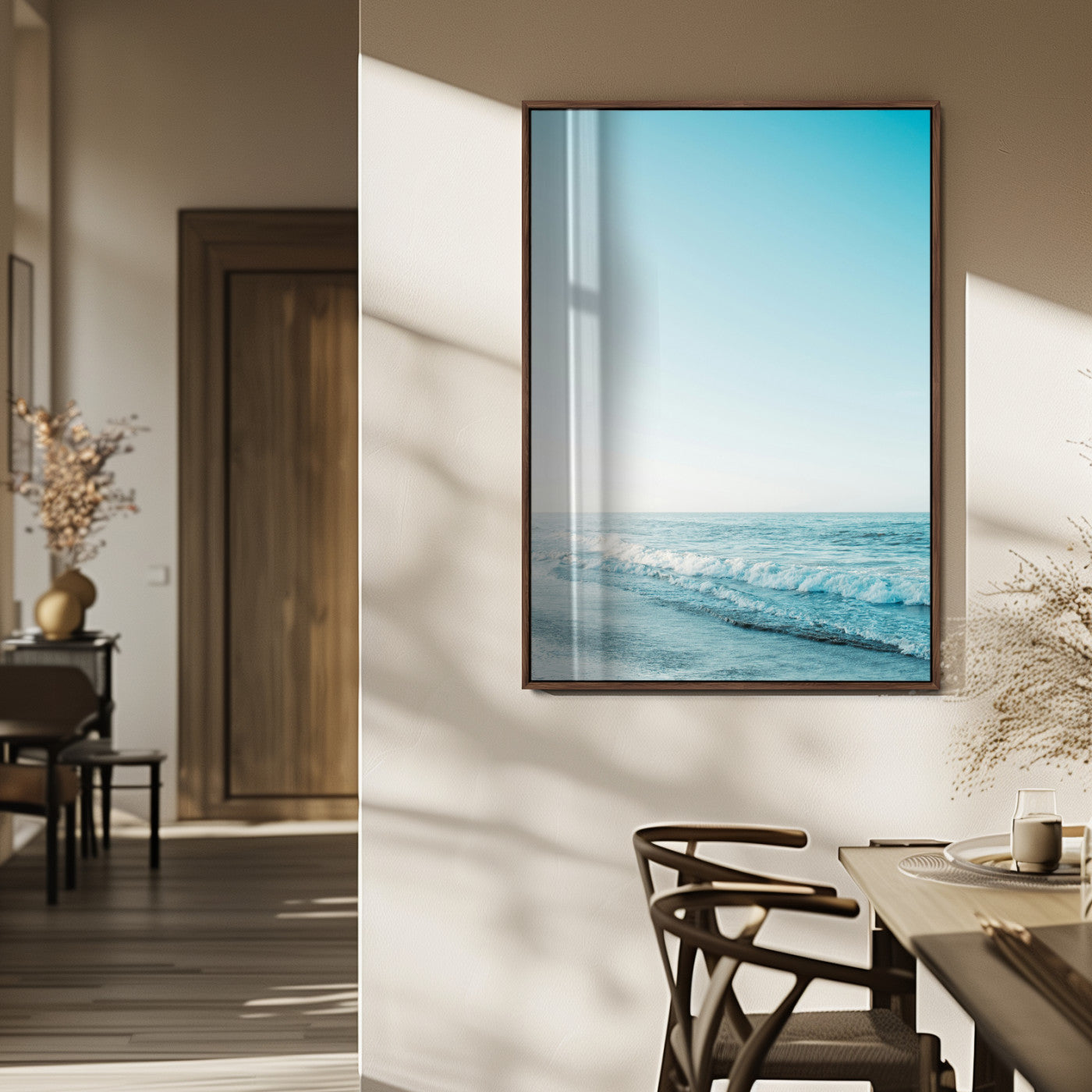 20189712-MGV-FP-48X32-3P_Walnut-Minimalist Ocean Wall Art Canvas Print, Framed Calm Seascape Art Picture Print, Soft Blue Tones Perfect Coastal Minimalist Decor