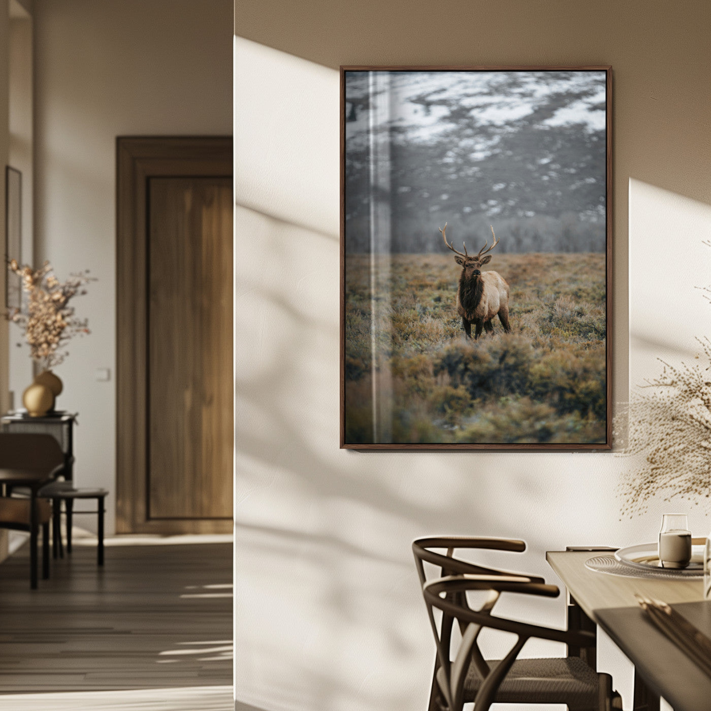 80105083-MGV-FP-48X32-3P_Walnut-Wild Elk Wall Art Canvas Print, Framed Mountain Wilderness Art Picture Print, Majestic Animal Perfect Rustic Lodge Decor Artwork