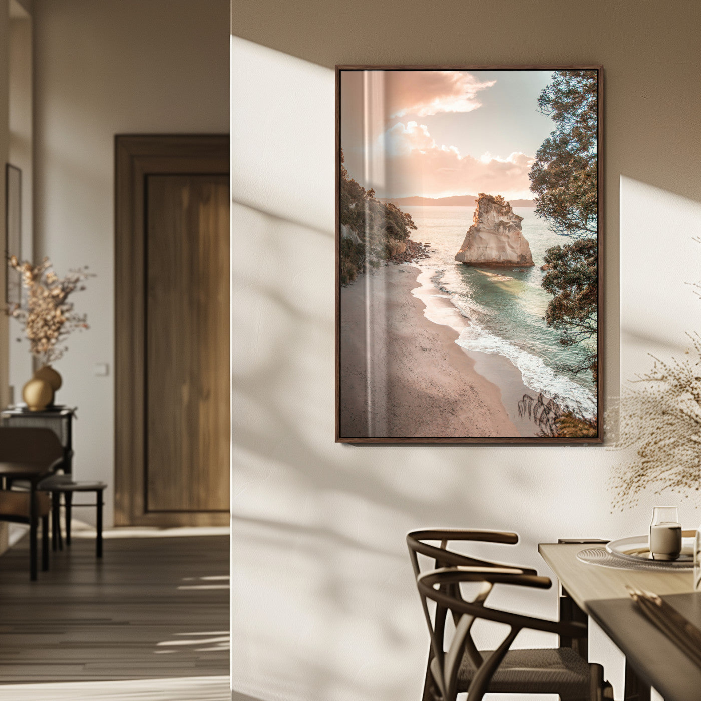 34220311-MGV-FP-48X32-3P_Walnut-Coastal Rock Wall Art – Sunset Beach Canvas Print with Ocean Waves and Golden Light, Scenic Seaside Photography for Bedroom,