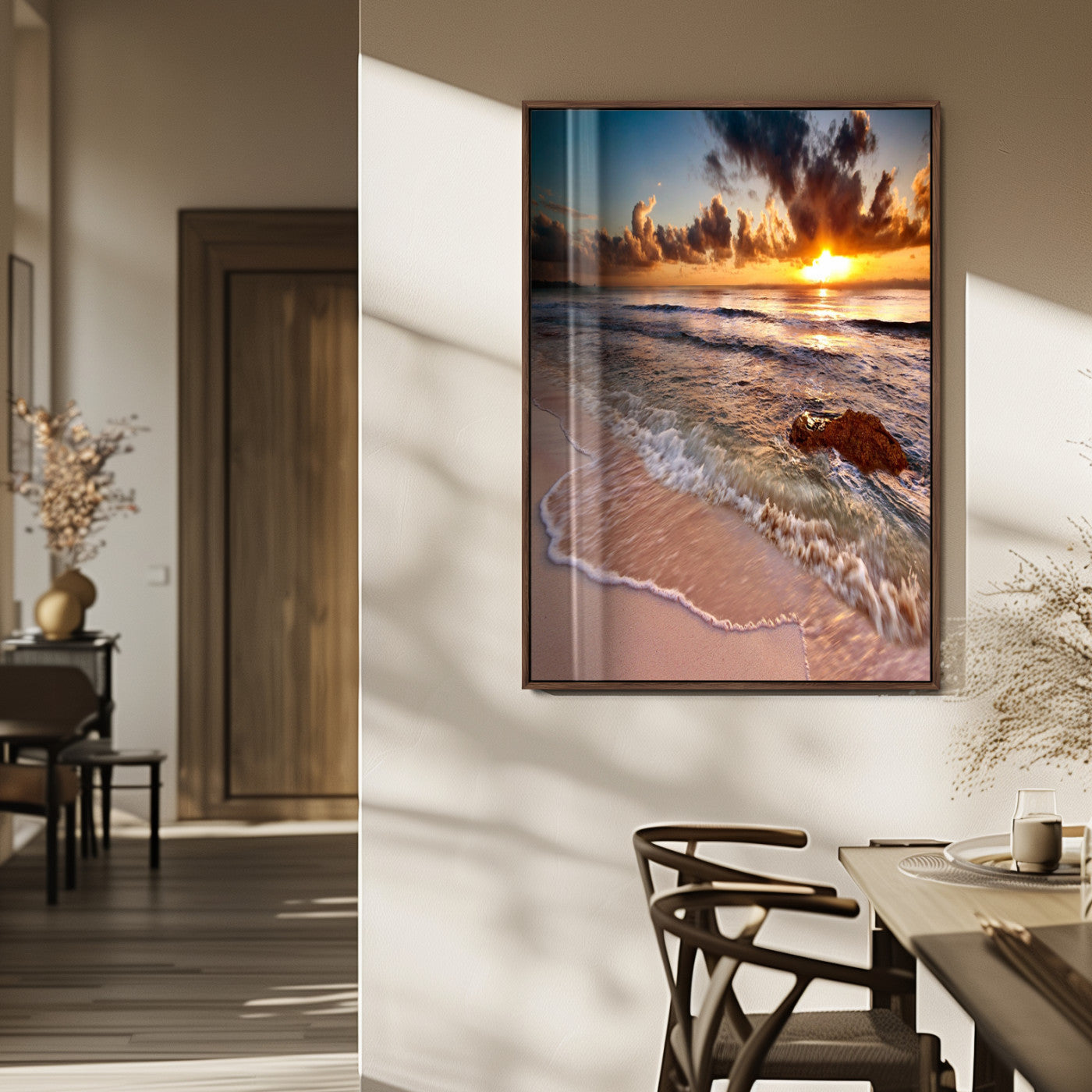 14930-MGV-FP-48X32-3P_Walnut-Beach Sunset Wall Art Canvas Print, Framed Ocean Horizon Art Picture Print, Tropical Shore Perfect Minimalist Coastal Decor