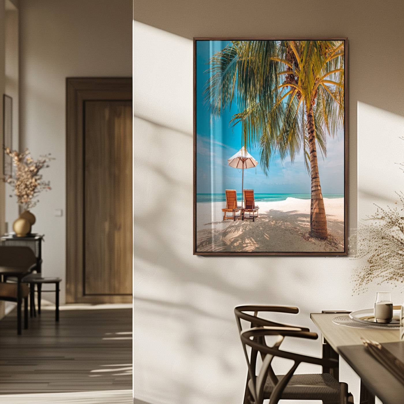 51024-MGV-FP-48X32-3P_Walnut-Tropical Beach Wall Art Canvas Print, Framed Palm Tree Art Picture Print, Sandy Shoreline Perfect Minimalist Coastal Decor Artwork