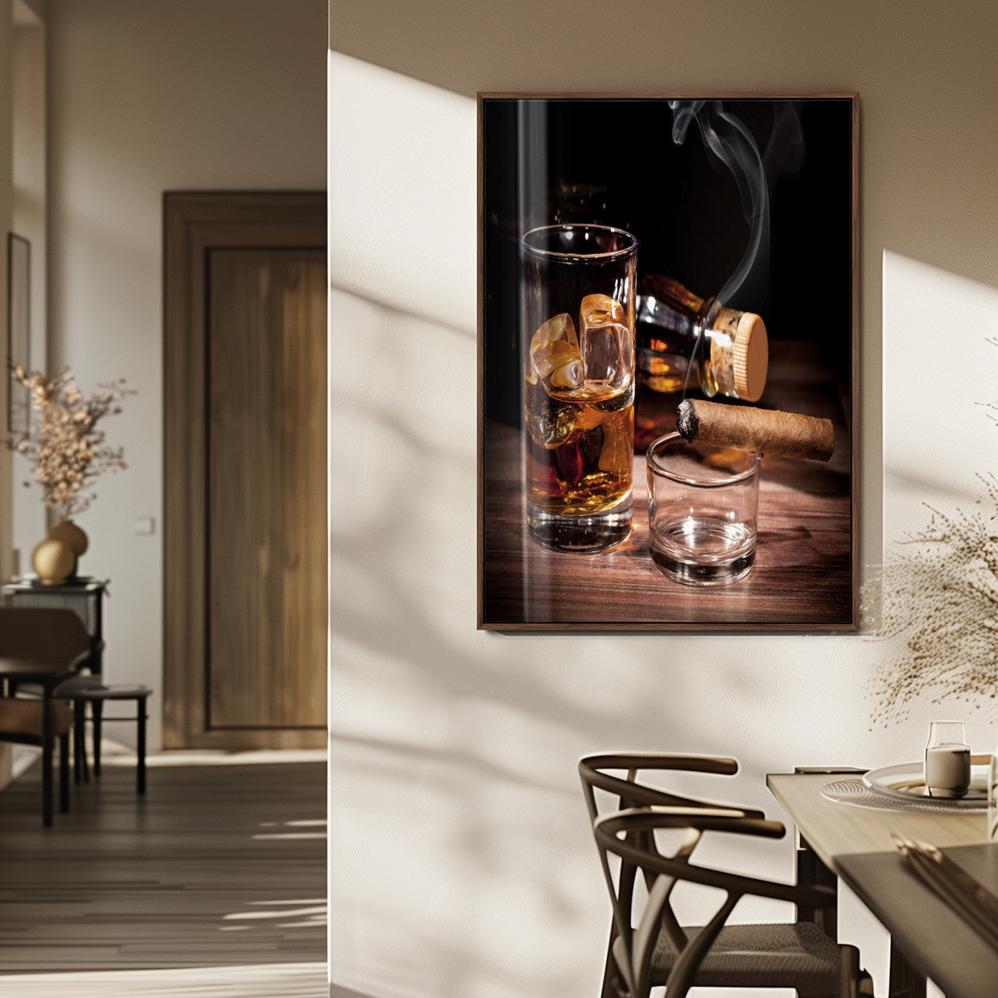 13274-MGV-FP-48X32-3P_Walnut-Whiskey Glass Wall Art Canvas Print, Framed Smoking Cigar Art Picture Print, Amber Whiskey Perfect Masculine Rustic Decor Artwork