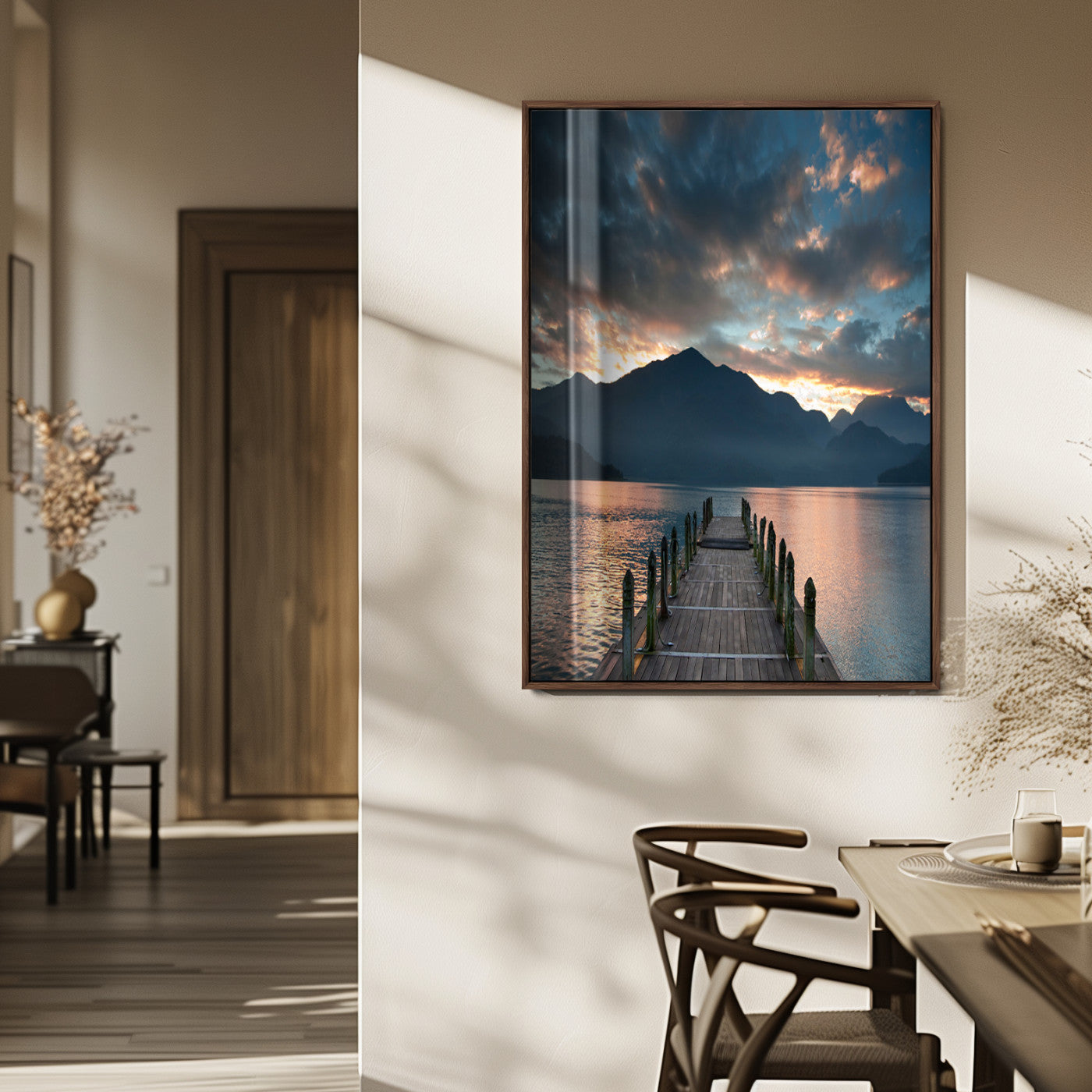 16043-MGV-FP-48X32-3P_Walnut-Mountain Lake Wall Art Canvas Print, Framed Sunset Reflection Art Picture Print, Calm Horizon Perfect Moody Nature Decor Artwork