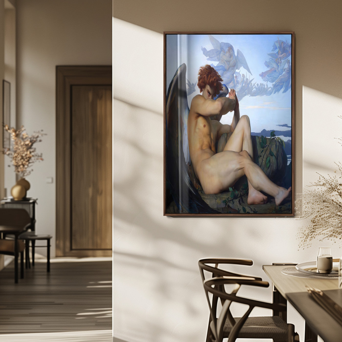 99738-MGV-FP-48X32-3P_Walnut-Fallen Angel Wall Art Canvas Print, Framed Classical Nude Art Picture Print, Renaissance Style Perfect Classical Moody Decor