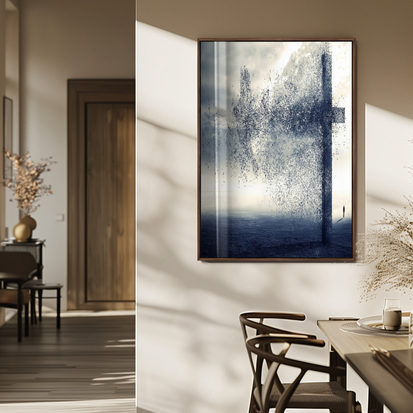 98984-MGV-FP-48X32-3P_Walnut-Disintegrating Cross Wall Art Canvas Print, Framed Abstract Symbol Art Picture Print, Conceptual Horizon Perfect Spiritual