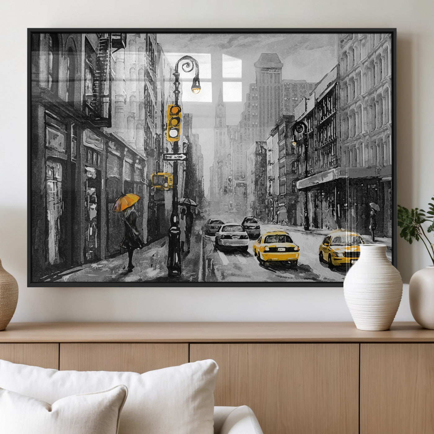 32362-MGV-FP-36X24-3P_Black-NYC Street Wall Art – Black and White Cityscape with Yellow Taxis and Umbrella Canvas Print, Urban Home Decor for Living Room or