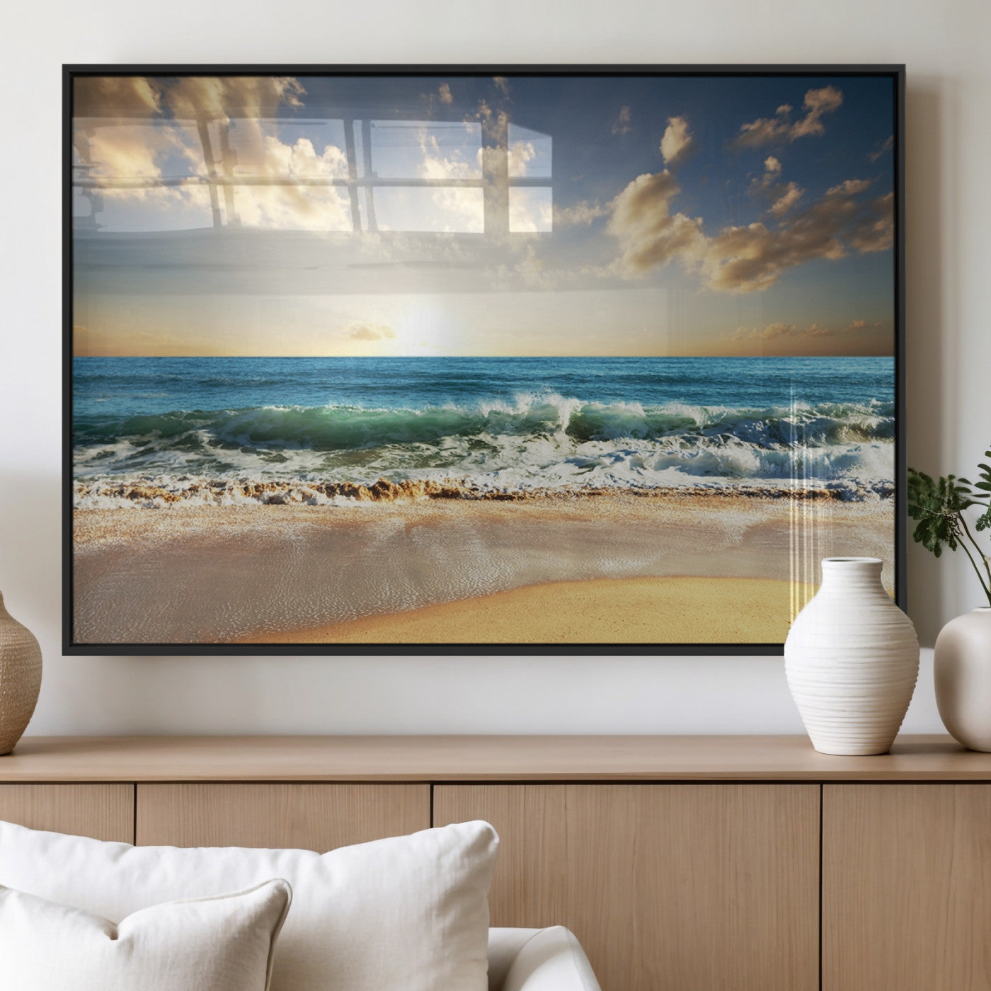 13139-MGV-FP-36X24-3P_Black-Sunrise Beach Wall Art – Ocean Waves and Golden Sand Canvas Print, Coastal Home Decor for Living Room, Bedroom, or Office