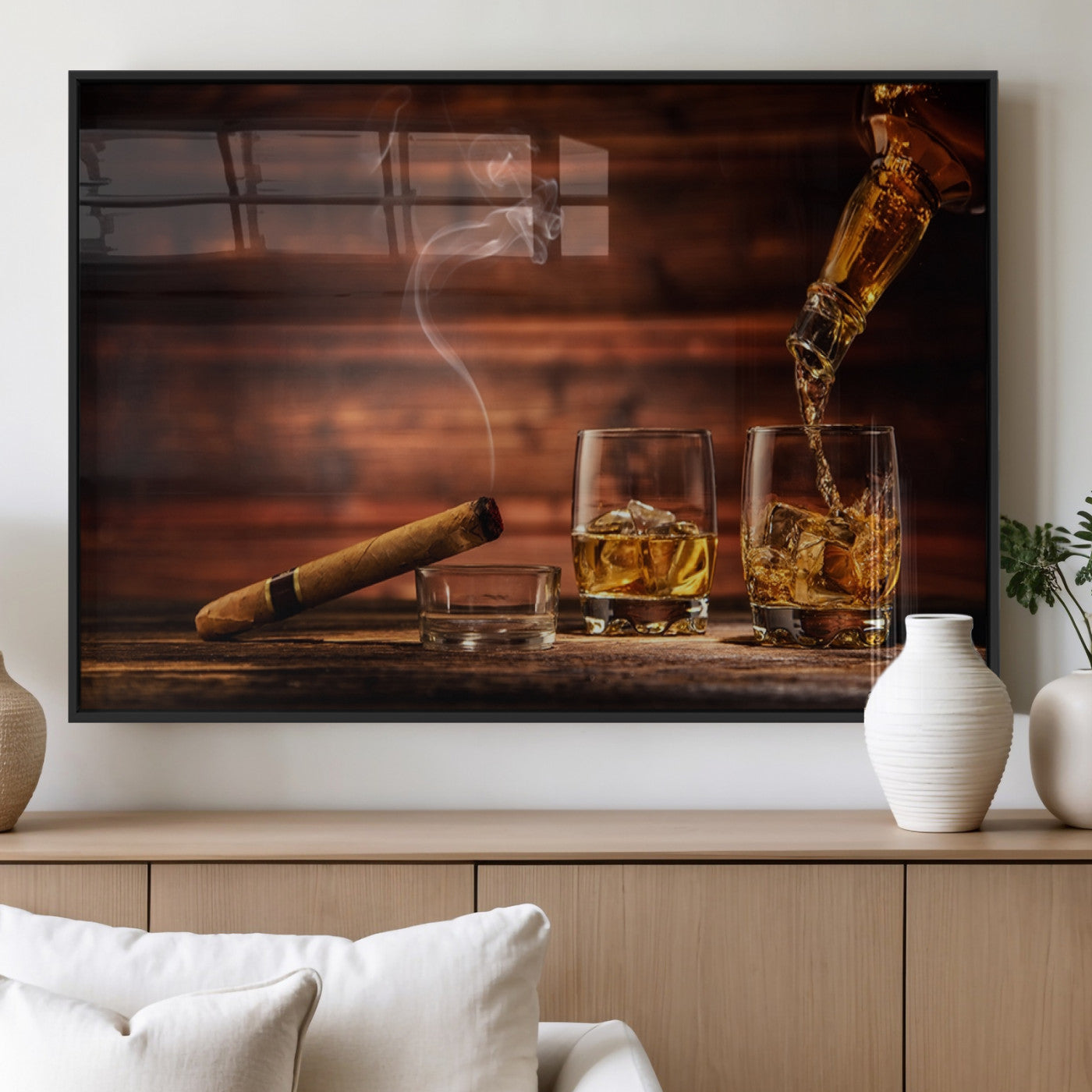 91042-MGV-FP-36X24-3P_Black-Whiskey & Cigar Wall Art – Elegant Whiskey Pour and Smoldering Cigar Canvas Print, Sophisticated Bar or Lounge Decor for Home,