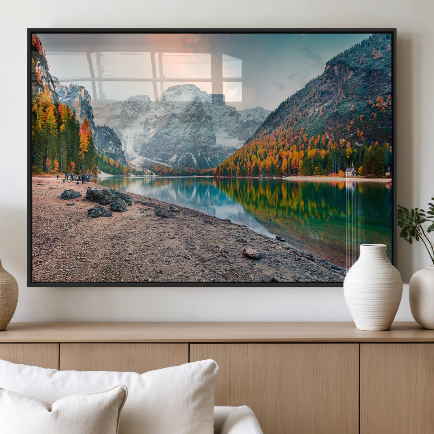 25982-MGV-FP-36X24-3P_Black-Autumn Mountain Lake Wall Art – Panoramic Fall Foliage and Snowy Peaks Canvas Print, Scenic Nature Decor for Living Room or Office