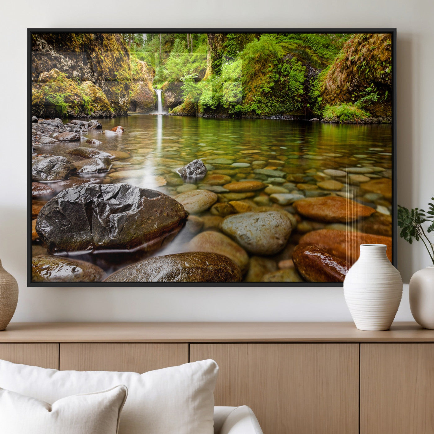 98096-MGV-FP-36X24-3P_Black-Serene River Waterfall Nature Photo – Calm Clear Water, Vibrant Green Forest and Smooth Stones Landscape Wall Art for Home or