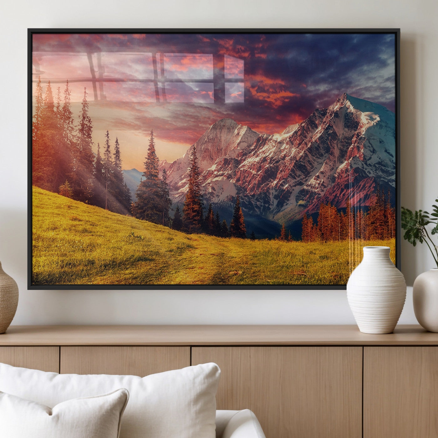 83947-MGV-FP-36X24-3P_Black-Sunset Mountain Landscape Wall Art – Panoramic Alpine Meadow and Snow Capped Peaks Canvas Print, Nature Scenic Decor for Home,