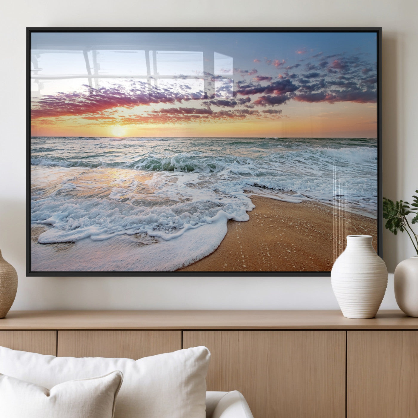 39560-MGV-FP-36X24-3P_Black-Sunrise Beach Wall Art – Vibrant Ocean Waves and Golden Sand Canvas Print, Seaside Coastal Decor for Living Room, Bedroom or