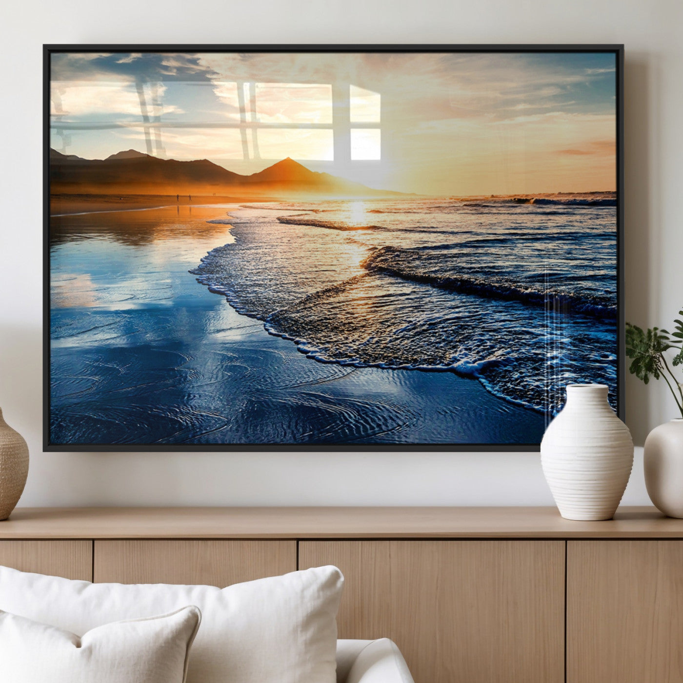 86173-MGV-FP-36X24-3P_Black-Golden Sunset Beach Wall Art – Reflective Ocean Canvas Print with Mountains and Waves, Coastal Nature Decor for Living Room,