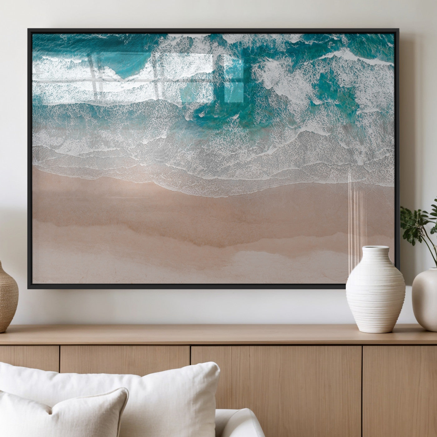 39236-MGV-FP-36X24-3P_Black-Ocean Beach Wall Art – Aerial View of Waves and Sand Canvas Print, Coastal Home Decor for Living Room, Bedroom, Office or Beach