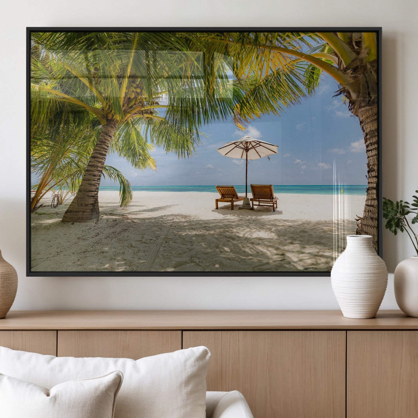 83601-MGV-FP-36X24-3P_Black-Tropical Beach Wall Art – Serene Palm Trees and Lounge Chairs Canvas Print, Relaxing Coastal Decor for Living Room, Bedroom or