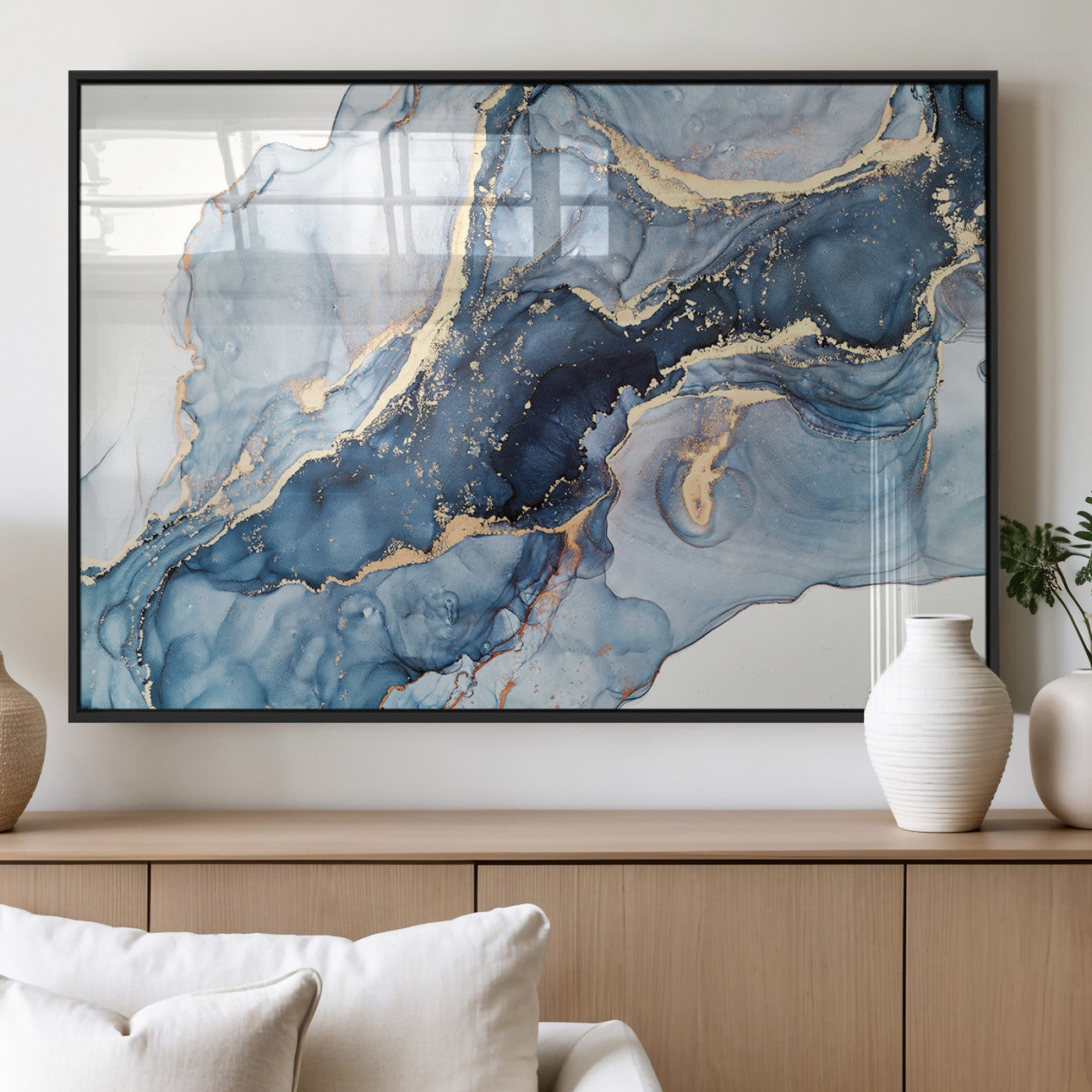 33782-MGV-FP-36X24-3P_Black-Abstract Marble Wall Art – Blue & Gold Fluid Painting Canvas Print, Modern Home Decor for Living Room, Bedroom or Office