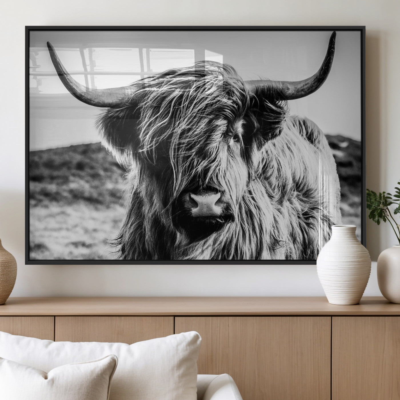 36979-MGV-FP-36X24-3P_Black-Striking black-and-white portrait of a Highland cow with flowing fur and majestic horns, perfect for rustic and elegant home or
