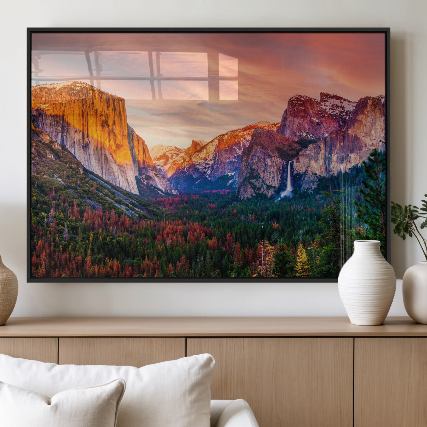 24519-MGV-FP-36X24-3P_Black-Yosemite Valley Sunset Wall Art – Majestic Mountain Landscape with Waterfall and Vibrant Sky, Nature Photography for Home or