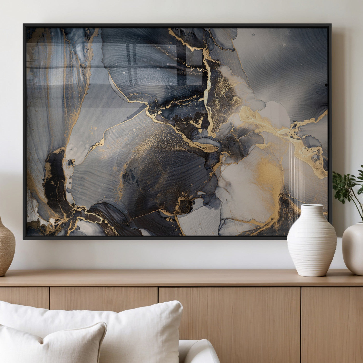 24068-MGV-FP-36X24-3P_Black-Luxury Abstract Wall Art – Gold & Gray Fluid Ink Painting Canvas, Modern Metallic Home Decor, Elegant Office or Living Room Accent