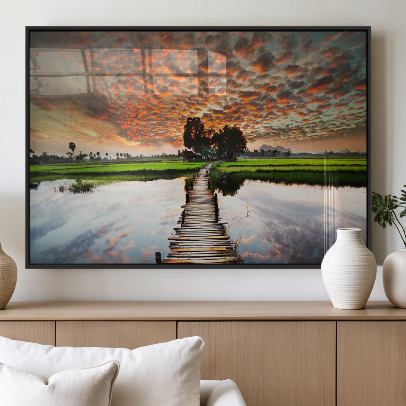 29105-MGV-FP-60X30-3P_Black-Rustic Wooden Bridge Wall Art – Scenic Sunset Over Rice Fields and Reflective Water Canvas Print, Nature Landscape Decor for
