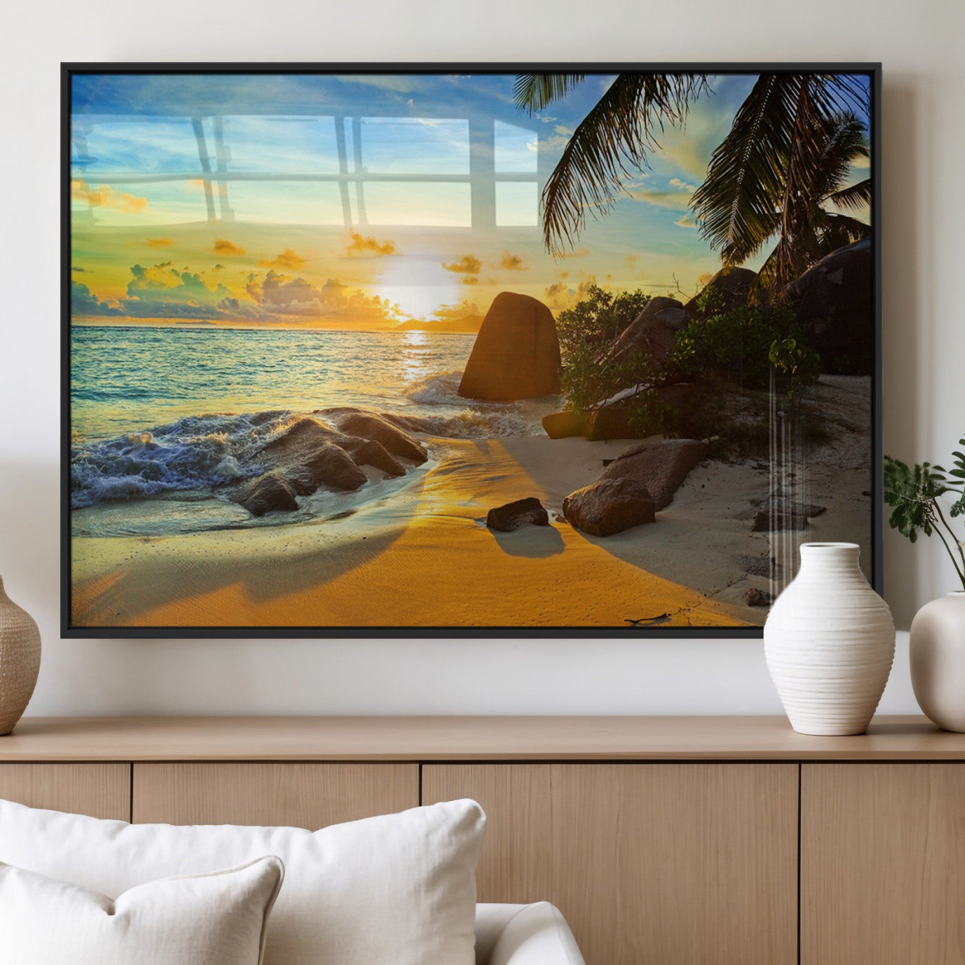 26181-MGV-FP-60X30-3P_Black-Golden Tropical Sunset Beach Wall Art – Ocean Canvas Print with Palm Trees and Rocks, Coastal Paradise Decor for Living Room or