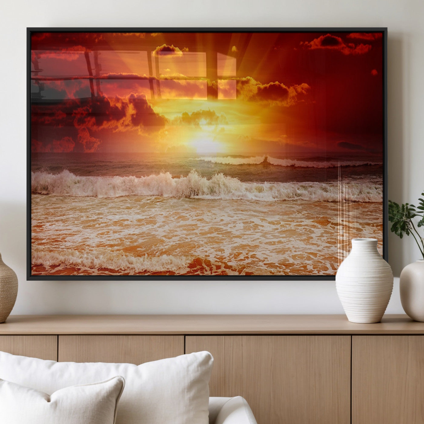 60211-MGV-FP-36X24-3P_Black-Fiery Sunset Ocean Waves Canvas Print – Vibrant Red & Orange Coastal Wall Art, Dramatic Seascape Decor
