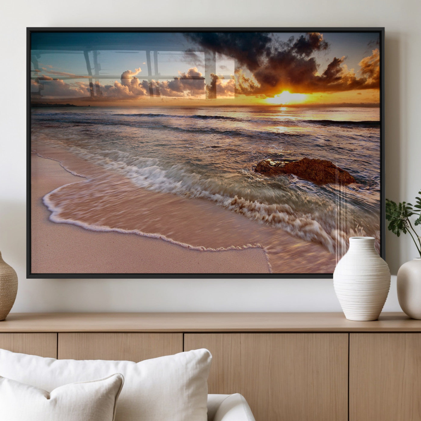 80979-MGV-FP-60X30-3P_Black-Golden Sunrise Beach Wall Art – Ocean Waves and Sandy Shore Canvas Print, Coastal Sunset Photography Artwork for Living Room,
