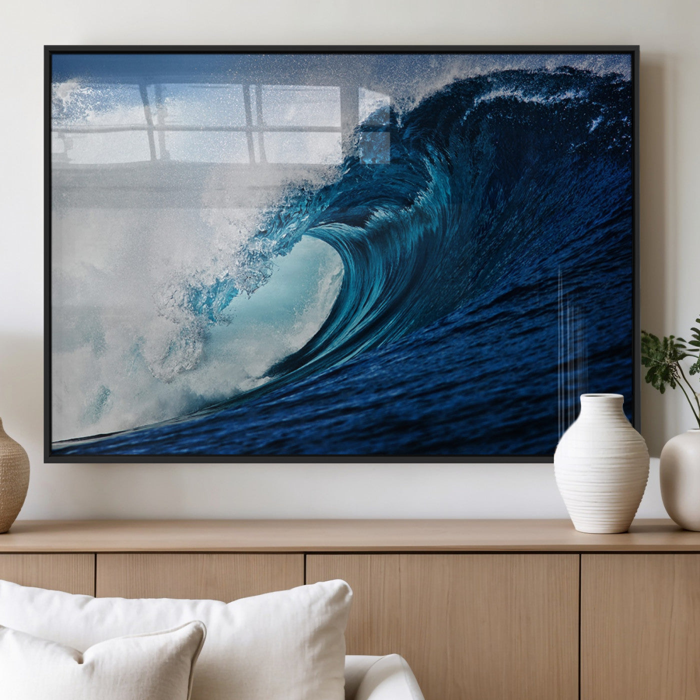 89502-MGV-FP-60X30-3P_Black-Powerful Ocean Wave Wall Art – Panoramic Blue Sea Wave Canvas Print, Coastal Surf Photography Artwork for Living Room, Bedroom, or