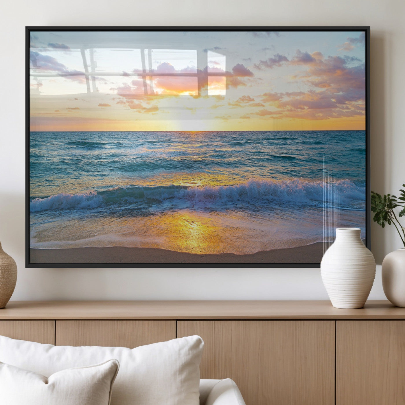 78006-MGV-FP-60X30-3P_Black-Golden Sunrise Ocean Wall Art – Panoramic Beach Waves Canvas Print, Coastal Seascape Artwork for Living Room, Bedroom, Office, or