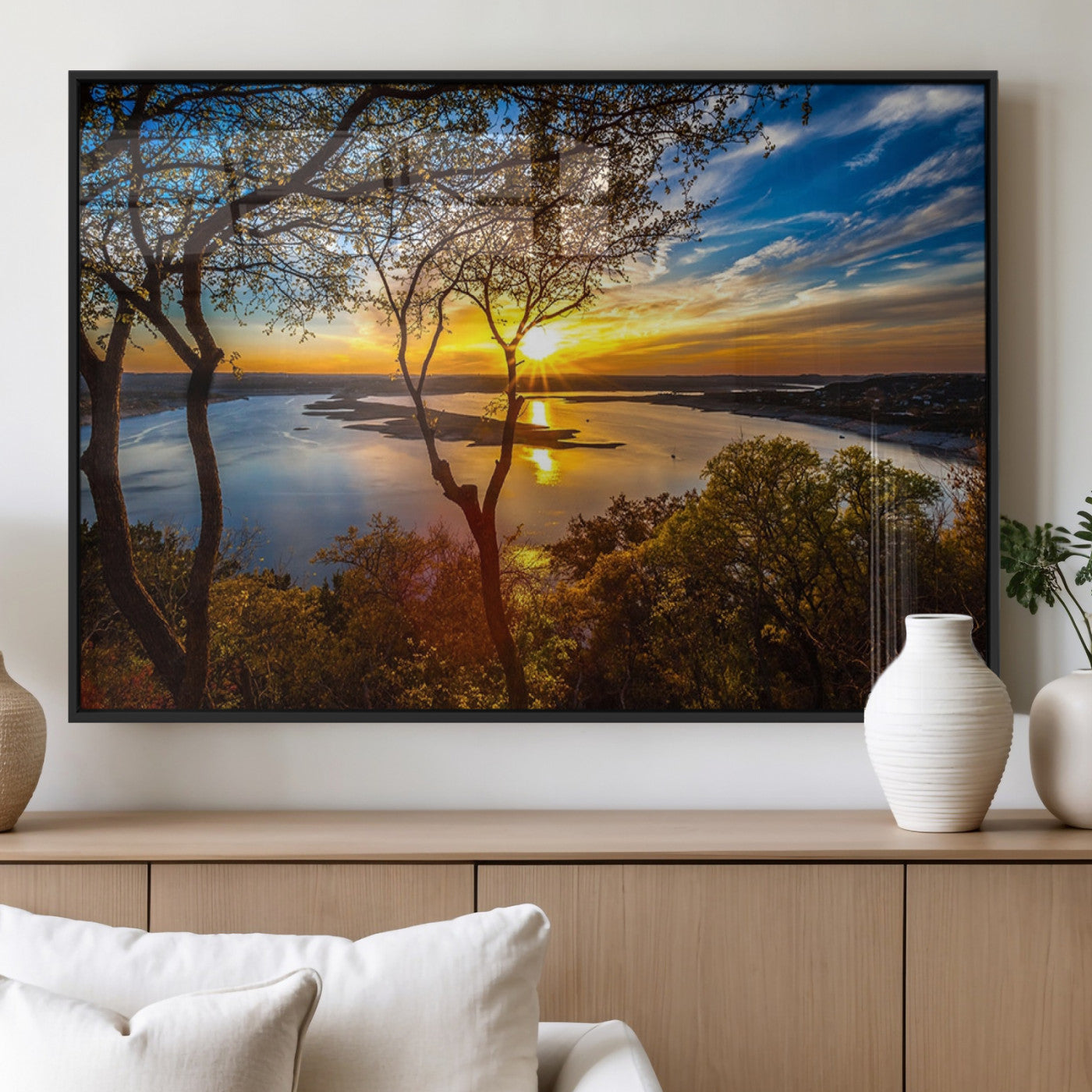 71863-MGV-FP-60X30-3P_Black-Lake Sunset Wall Art – Scenic Nature Canvas Print with Trees and Golden Sky, Serene Landscape Decor for Living Room, Bedroom or