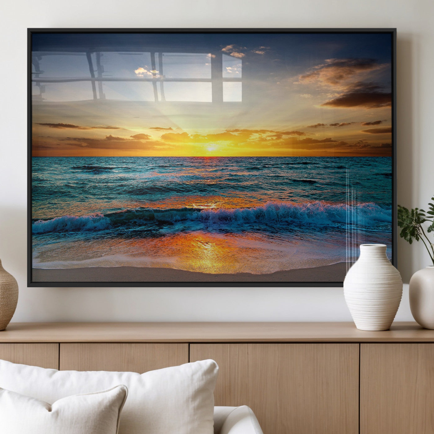 50627-MGV-FP-60X30-3P_Black-Ocean Sunset Wall Art – Serene Beach Canvas Print with Waves and Golden Sky, Coastal Decor for Living Room or Office