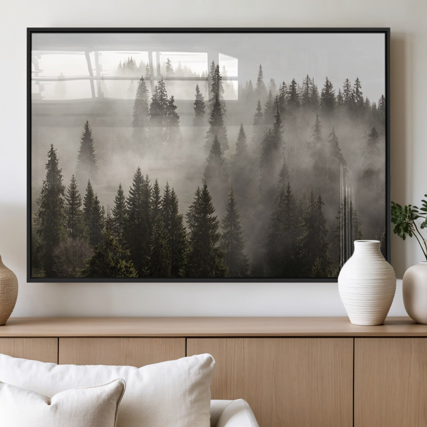 62862-MGV-FP-60X30-3P_Black-Misty Forest Wall Art – Tranquil Pine Tree Canvas Print with Mountain Fog, Nature Landscape Artwork for Living Room, Bedroom, or