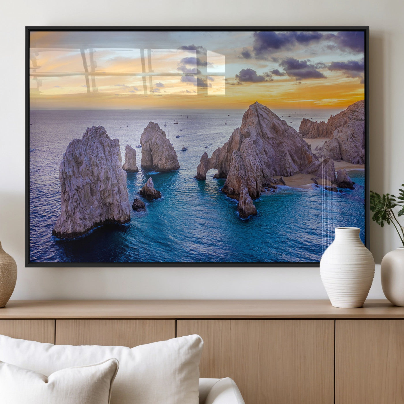 72955-MGV-FP-60X30-3P_Black-Ocean Rock Formation Wall Art – Sunset Coastal Seascape Print, Beach Landscape Decor for Living Room or Office