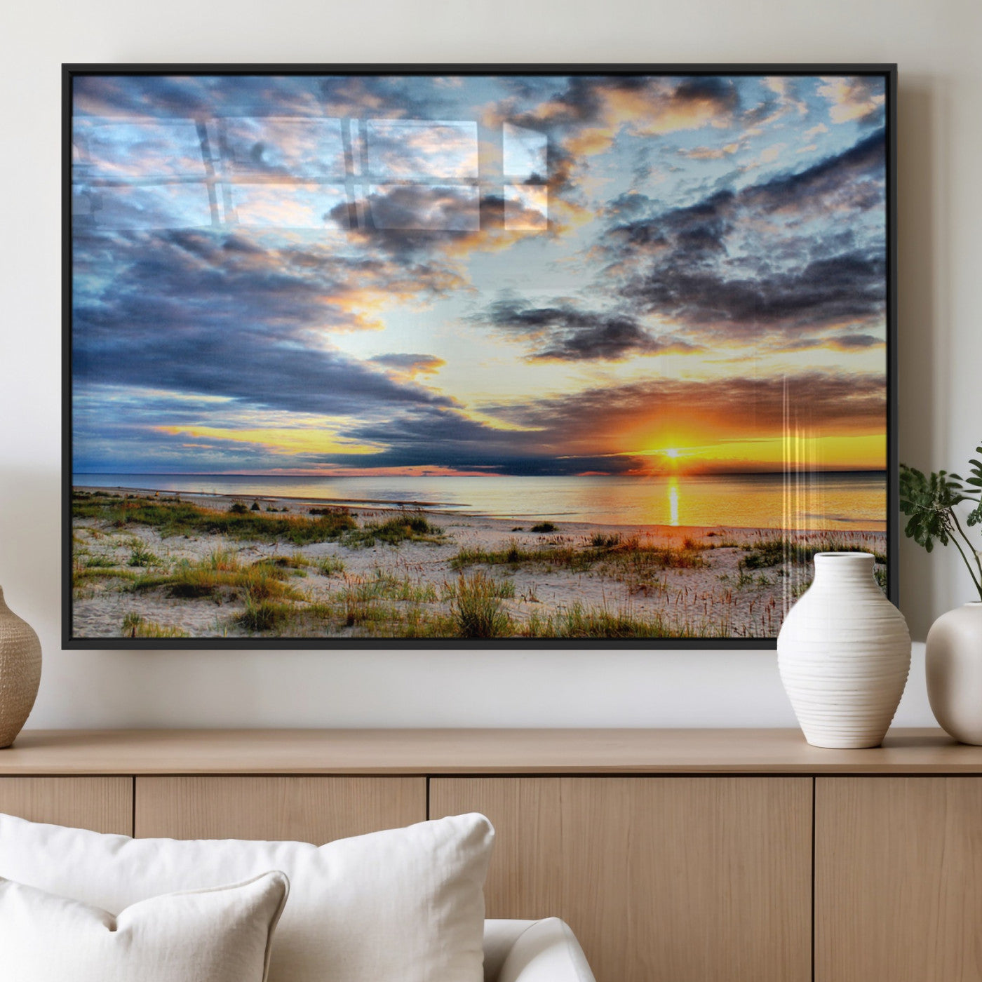 39645-MGV-FP-60X30-3P_Black-Golden Beach Sunset Wall Art – Serene Ocean Horizon Canvas Print, Coastal Nature Landscape Decor for Living Room, Bedroom or