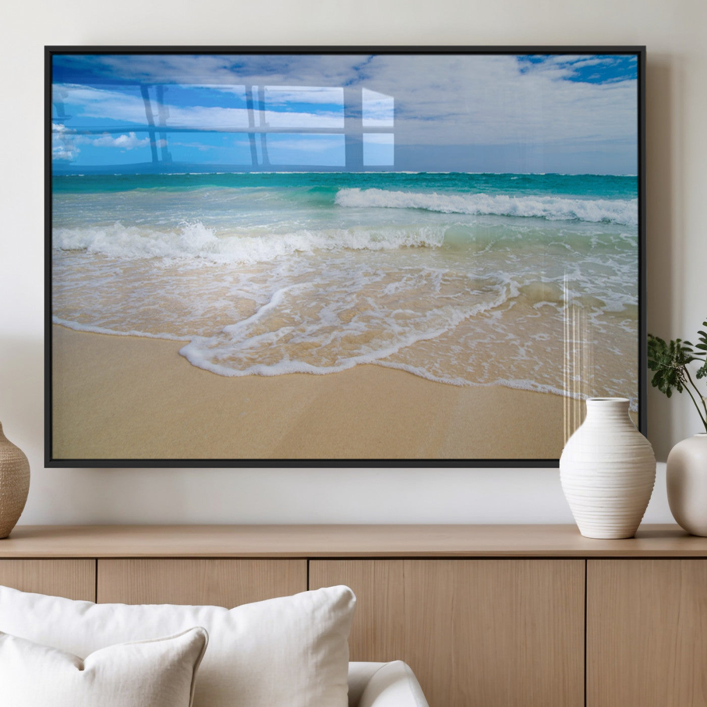 20660-MGV-FP-60X30-3P_Black-Ocean Wave Beach Wall Art – Serene Blue Sea and Sandy Shore Canvas Print, Coastal Landscape Photography Decor for Living Room or