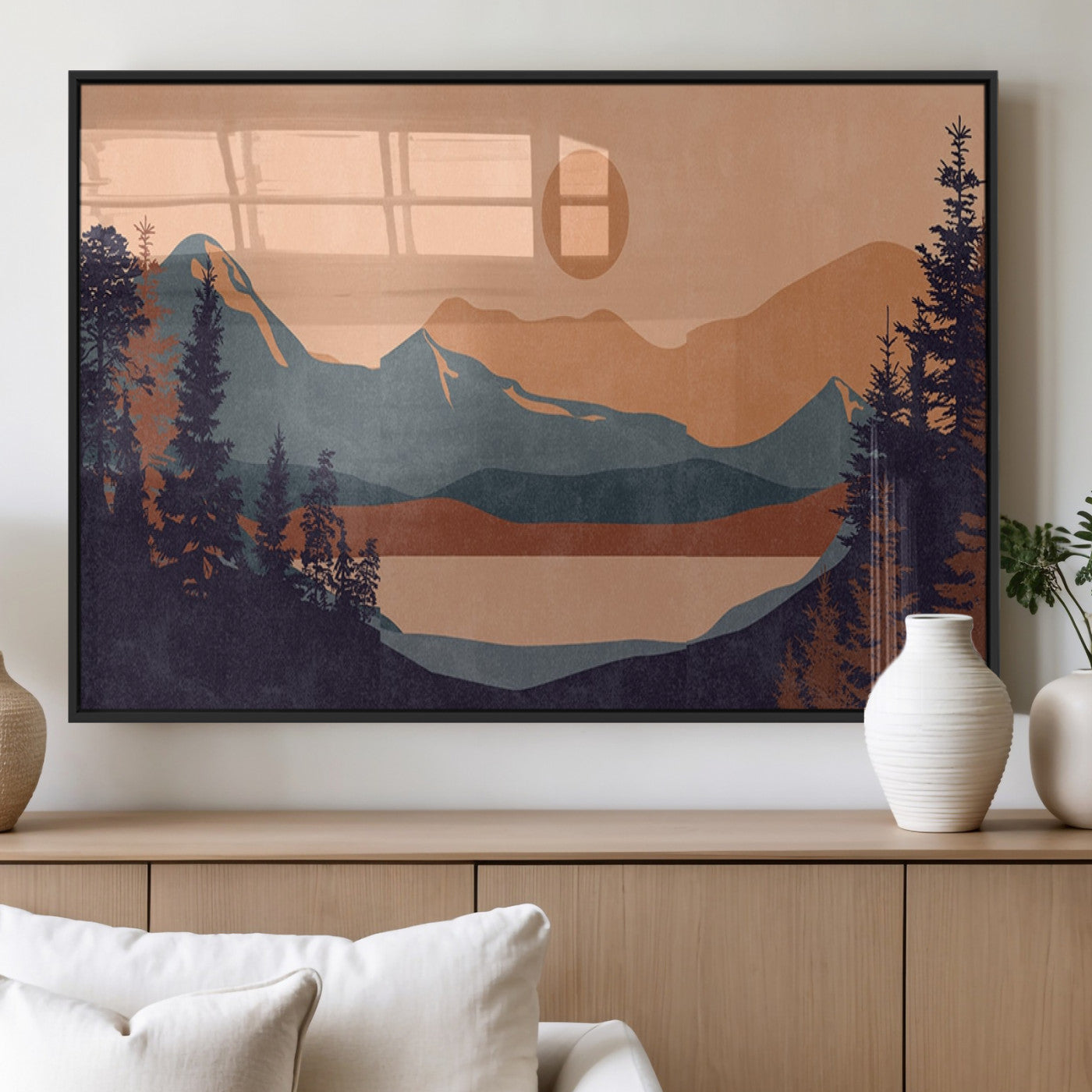 62795-MGV-FP-36X24-3P_Black-Minimalist Mountain Landscape Wall Art – Abstract Sunset Over Peaks and Pine Trees Canvas Print, Modern Nature Decor for Living