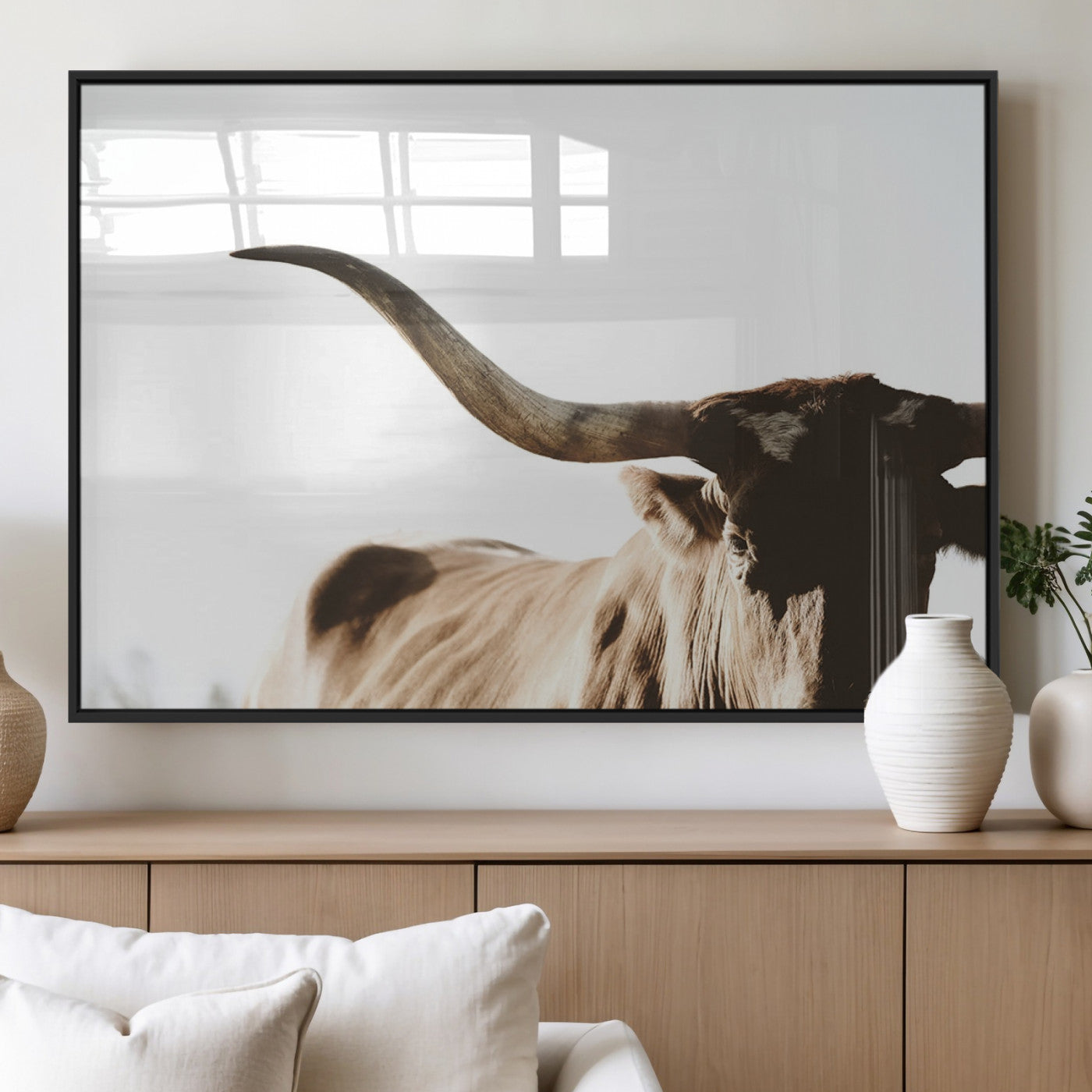 35866-MGV-FP-60X30-3P_Black-Texas Longhorn Wall Art – Rustic Western Bull Canvas Print, Farmhouse Animal Photography Decor for Living Room, Office, or Ranch