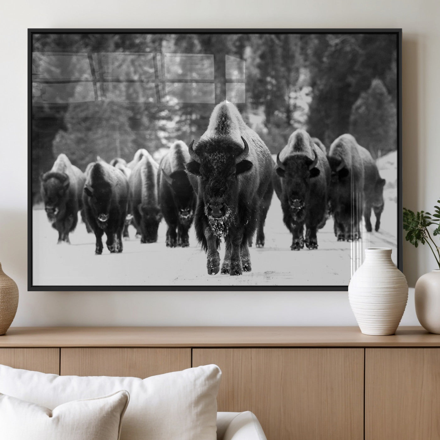 62434-MGV-FP-60X30-3P_Black-Bison Herd Wall Art – Majestic Black and White Buffalo Canvas Print, Wildlife Nature Photography Decor for Living Room, Office or