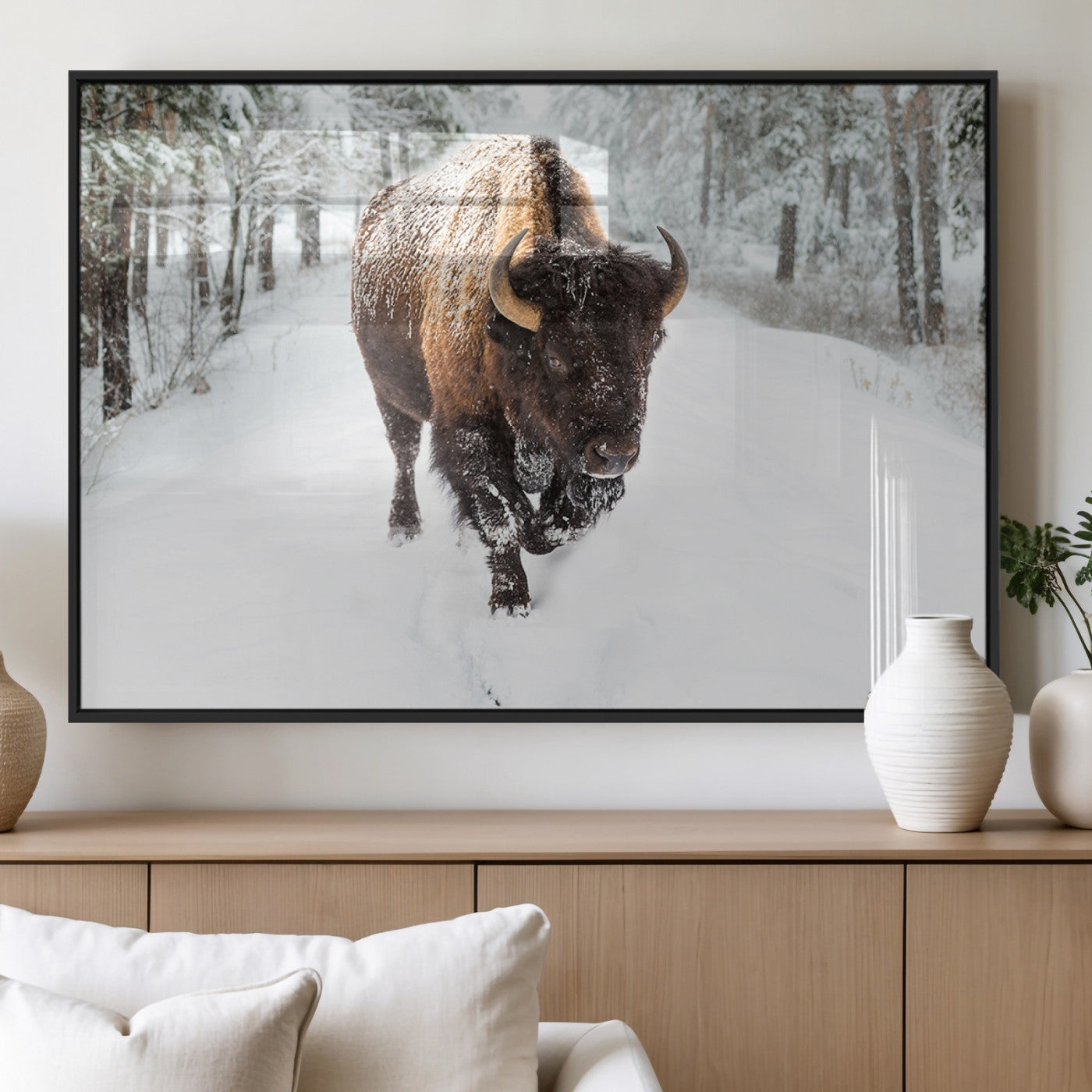 84699-MGV-FP-36X24-3P_Black-Bison in Winter Wall Art – Majestic Buffalo Canvas Print with Snowy Forest Landscape, Rustic Wildlife Artwork for Cabin, Living