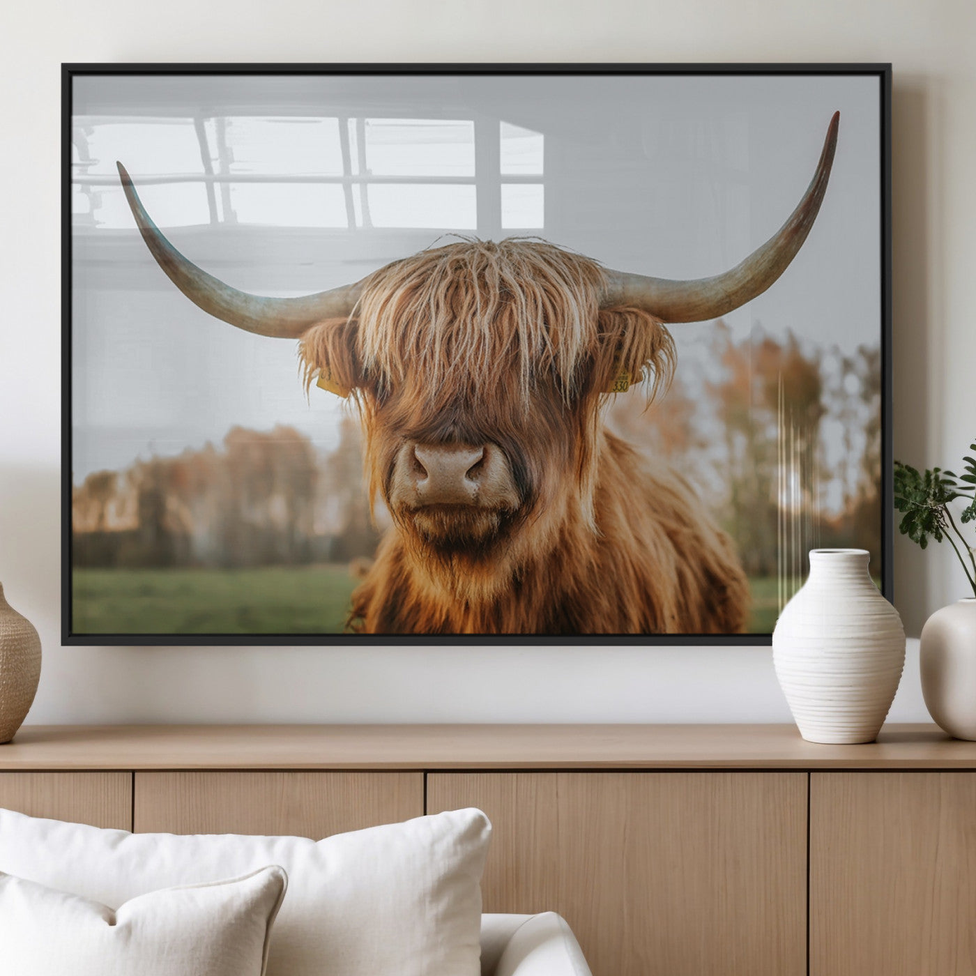 64824-MGV-FP-60X30-3P_Black-Highland Cow Wall Art – Rustic Scottish Bull Canvas Print, Farmhouse Animal Decor for Living Room, Bedroom, Office or Cabin