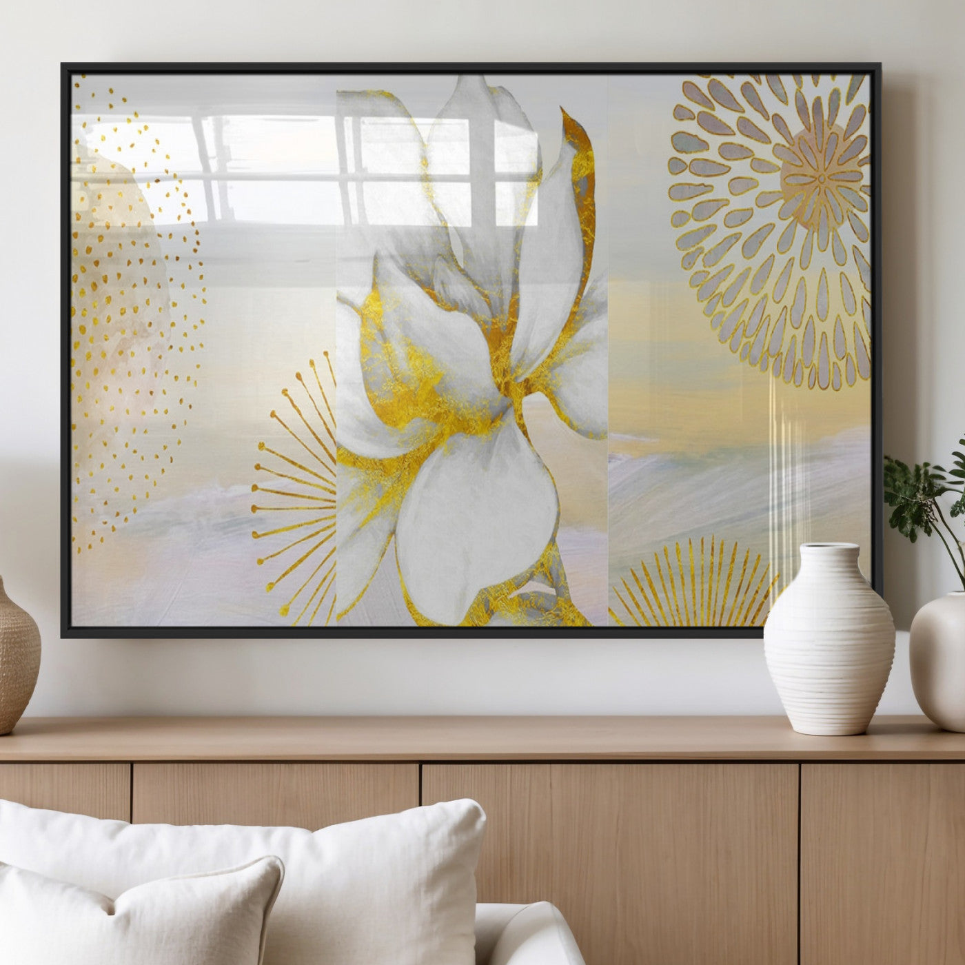 82301-MGV-FP-36X24-3P_Black-Modern Floral Wall Art – White Flower with Gold Detailing Canvas Print, Elegant Abstract Artwork for Living Room, Bedroom, or