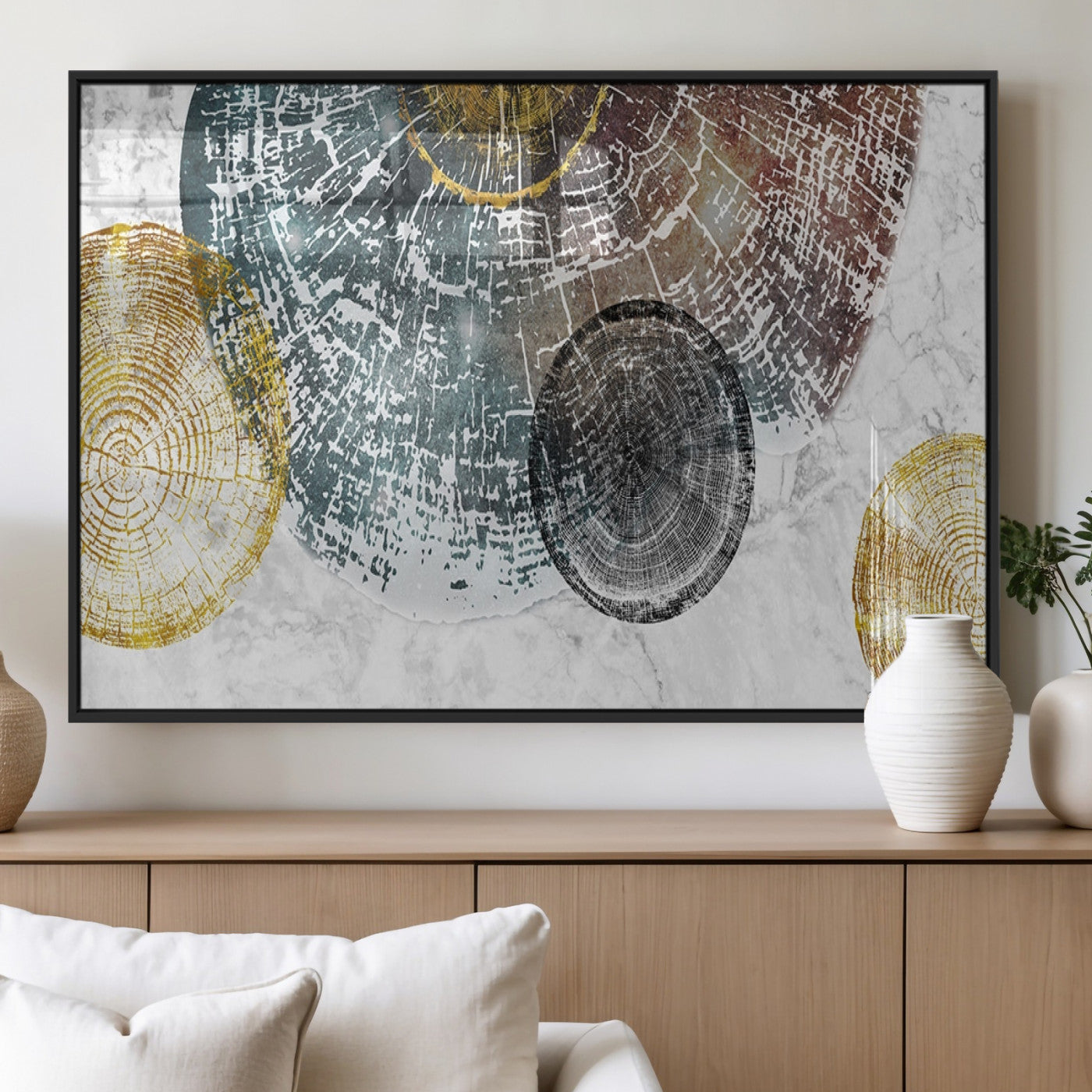 70653-MGV-FP-36X24-3P_Black-Abstract Tree Ring Wall Art – Modern Rustic Wood Slice Canvas Print with Gold Accents, Contemporary Nature Decor for Living Room,