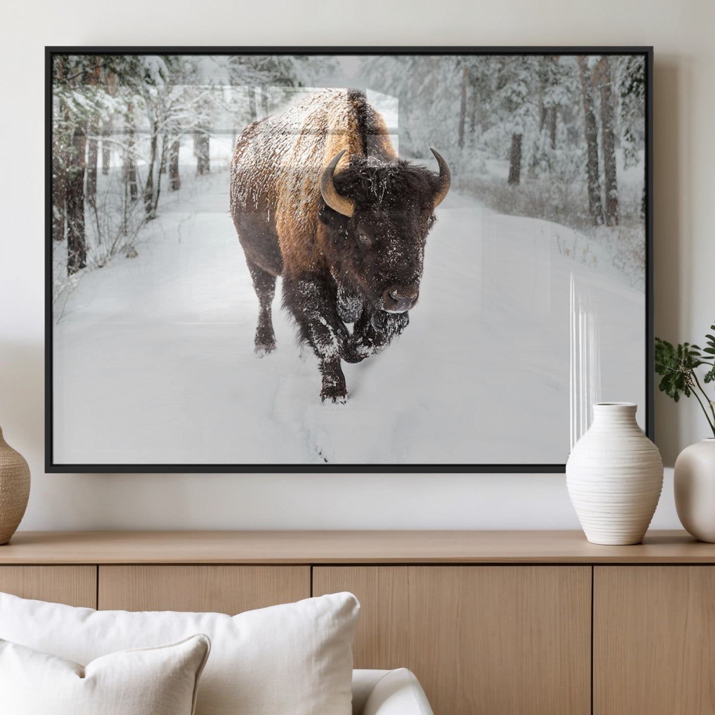 10109-MGV-FP-60X30-3P_Black-Majestic Bison Winter Wall Art – Snowy Forest Buffalo Canvas Print, Rustic Wildlife Photography Decor for Cabin, Lodge, Living