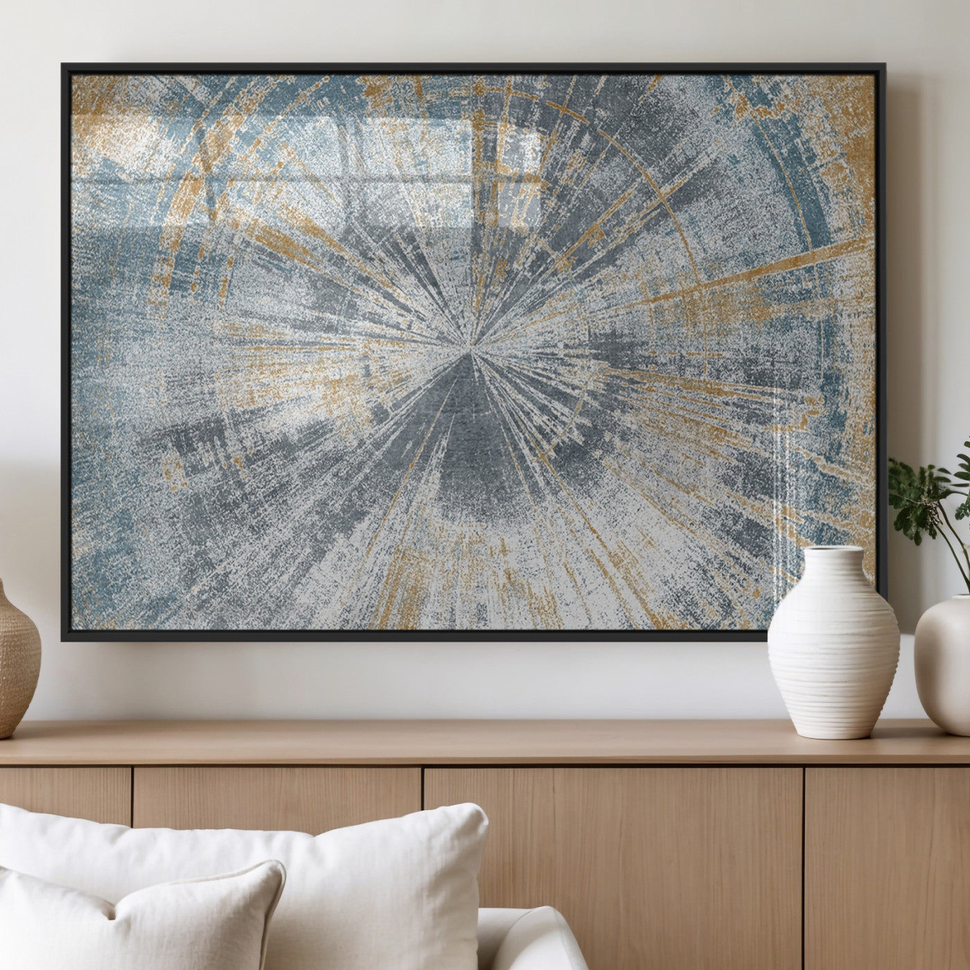 17631-MGV-FP-60X30-3P_Black-Radiant Burst Wall Art – Abstract Sunburst Canvas Print in Blue and Gold, Modern Geometric Painting for Living Room, Office or