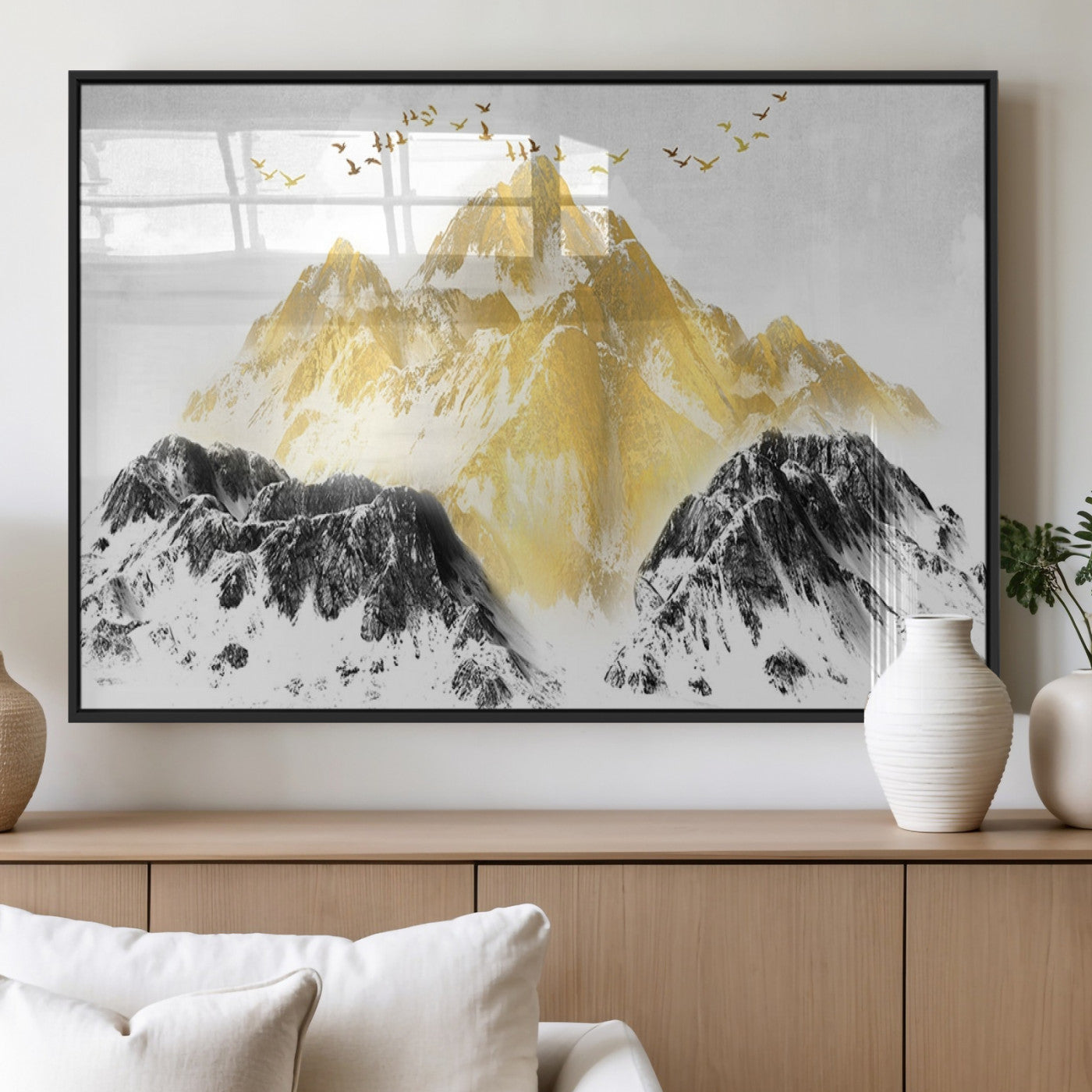 37733-MGV-FP-60X30-3P_Black-Golden Mountain Wall Art – Modern Abstract Landscape Canvas Print with Birds, Luxury Nature Decor for Living Room, Bedroom, or