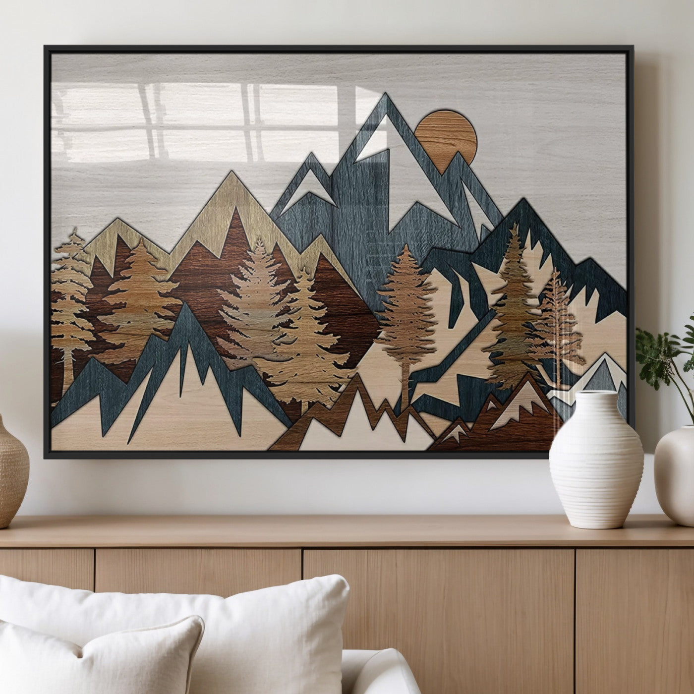 67950-MGV-FP-60X30-3P_Black-Modern Wood Wall Art Canvas Print, Framed Mountain Range Art Picture Print, Wood Mountain Range Perfect Rustic Decor Artwork