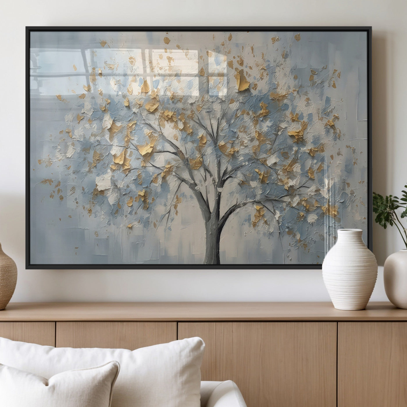 65811-MGV-FP-60X30-3P_Black-Abstract Tree Wall Art – Textured Canvas Painting with Gold and White Leaves, Modern Nature Inspired Decor for Living Room or