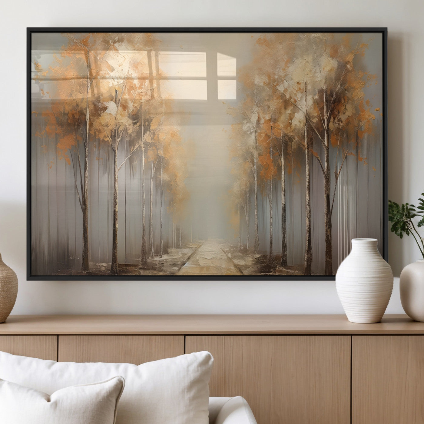 95004-MGV-FP-60X30-3P_Black-Autumn Forest Path Wall Art – Hand Painted Canvas Print with Golden Trees, Modern Nature Landscape Decor for Living Room, Bedroom