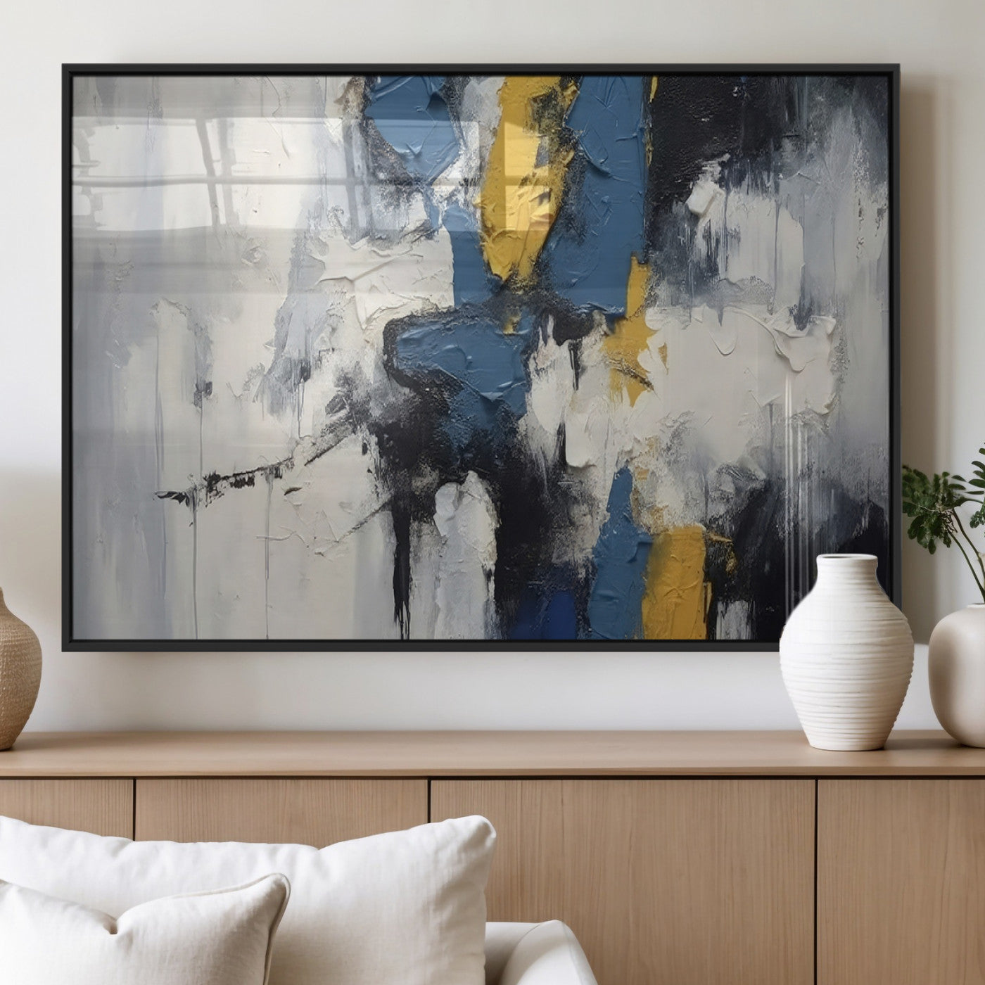 63850-MGV-FP-36X24-3P_Black-Abstract Blue and Yellow Wall Art – Modern Textured Canvas Painting, Bold Contemporary Artwork for Living Room, Bedroom or Office